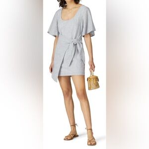 leRumi Asymmetrical Wrap Mini Dress in Pinstripes in Blue‎ and White - XS